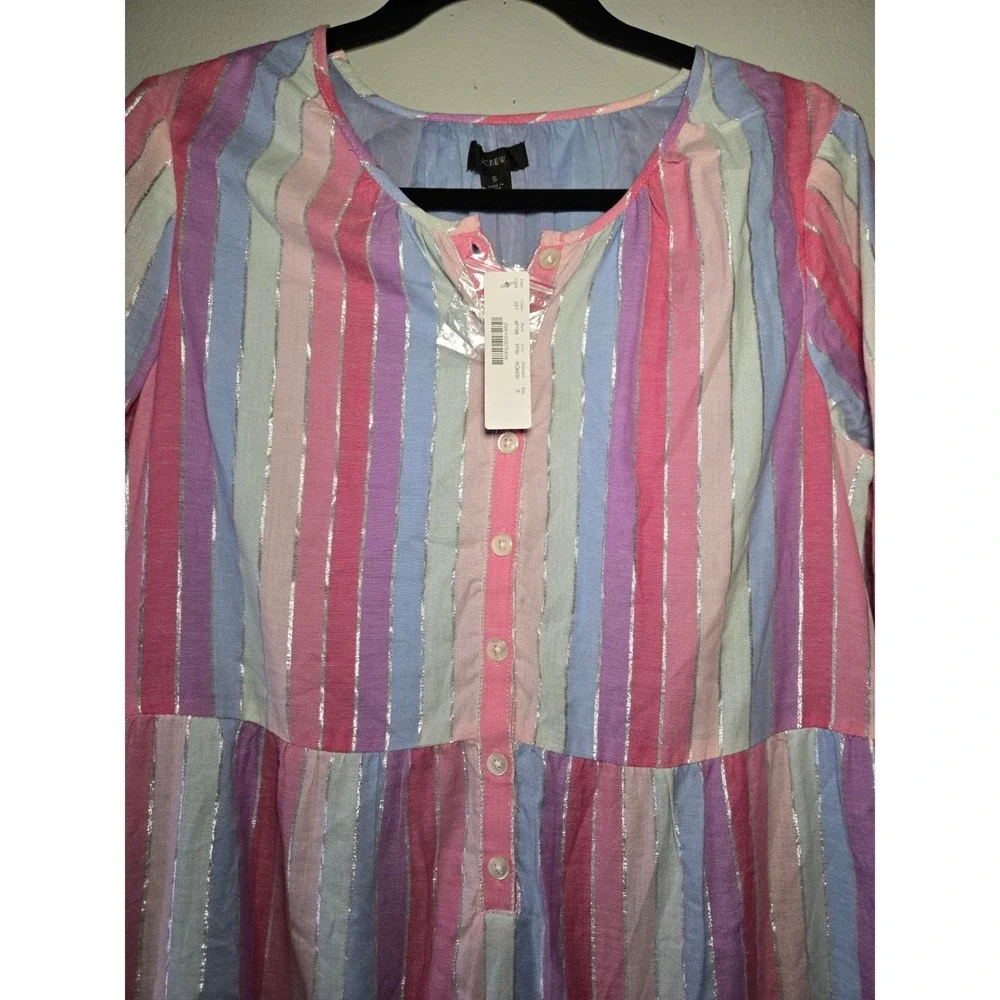 J Crew NWT Pink Striped Tiered Dress Metallic Detail Babydoll Cottagecore Medium